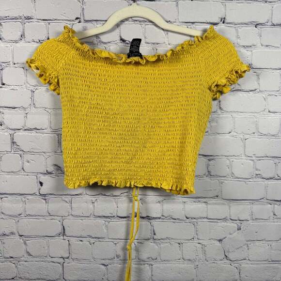 Rue 21 Y2K Yellow Smocked Off-the-Shoulder Crop Top Size XL - Picture 4 of 7
